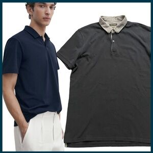 Massimo Dutti Dark Navy Grey Collar Casual Fit Short Sleeve 2 Button Polo (M)